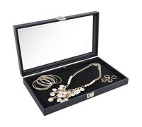 Ikee Design Présentoir à bijoux en similicuir avec dessus en verre et coussinet en velours noir, boîte de rangement pour la maison, plateau à bijoux en bois pour objets de collection, 37,5 x 21 x 5,4