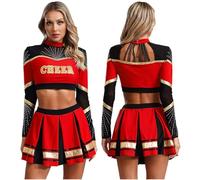 IKFGTJRE Deguisement Pompom Ensemble 2 pièces de pom-pom girl for femme, tenue danse, haut court à manches longues et jupe plissée, uniforme Pour le sport(Red,M)