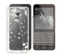 Ikiiqii Coque pour Nokia 235 4G 2024 (2.80") + 2 Pack HD Verre Trempé, Phone Case Cover Étui Souple Silicone Housse Protection Bumper+Écran Film Protection - Fleurs Blanches