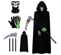 IKIJM Déguisement faucheur Halloween Costume de Faucheuse: Cape Noire à Capuche pour - Serviette pour Le Visage du crâne - des Gants de crâne - Faux - Costume Halloween