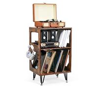 ikkle Table d’Appoint pour Tourne-Disque avec Rangement LP à 3 Niveaux, Support pour tourne-disque en bois marron Meuble Platine Vinyle, Support pour 160 Albums,Étagère de Rangement Disques pour Salon