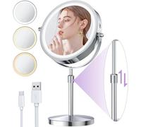 iklestar 20cm Mirroir Maquilleur Lumineux, 10x Rechargeable Miroir Grossissant Lumineux sur Pied, Portable LED Rond Miroir de Table avec Rotation à 360°,3 Couleurs Lumière, Argent