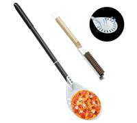 iklestar 83cm Peau à pizza en aluminium de avec brosse de four et grattoir de Pierre, outil perforé Turner poignée longue pour la cuisson maison Pizza, 2PCS accessoires de four à Pizza en plein air