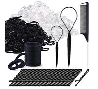 IKOCO Lot de 1 000 élastiques à cheveux en caoutchouc pour filles comprenant 500 élastiques transparents et 500 élastiques noirs, 2 outils Topsy Tail, 40 épingles à cheveux, 10 attaches noires et 1