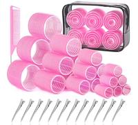 IKOCO Lot de 4 bigoudis auto-agrippants comprenant 60 mm, 48 mm, 36 mm, 25 mm pour cheveux longs et courts avec 16 pinces, trousse de toilette transparente et peigne queue de rat (rose)