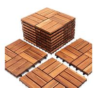 Ikodm Dalles terrasse Lot de 11 carreaux en bois d'acacia,1 m²-30 x 30 cm dalles composées de 12 lattes chacune-Pour balcon,jardin