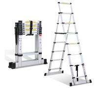 Ikodm Échelle télescopique 2,0 m + 2,3 m - 6 + 7 marches - Cadre en A - Charge maximale : 150 kg - Échelle extensible en aluminium pour réparations de toit - Taille pliée : 69 cm