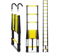 Ikodm Échelle Télescopique en Aluminium 3,8 m - Extensible, Antidérapante, Multi-Usage, Capacité 150 kg, avec Crochet Amovible - Noir et Jaune