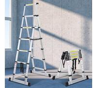 Ikodm Échelle télescopique Pliante en Aluminium 1,7 m + 2 m - 5 + 6 marches - pour réparation de Toit - Taille pliée : 65 cm - Capacité de Charge : 150 kg Argent A-Cadre