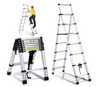 Ikodm Échelle télescopique Pliante en Aluminium - 2 m + 2,3 m - 6 + 7 marches - pour réparation de Toit - Taille pliée : 69 cm - Capacité de Charge : 150 kg Argent A-Cadre