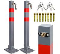 Ikodm Lot de 2 poteaux de stationnement pliables avec bandes réfléchissantes, pied robuste, barrière de parking en acier avec 6 clés, borne de parc stable