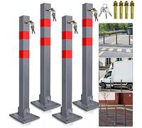 Ikodm Lot de 4 poteaux de stationnement pliables avec bandes réfléchissantes, pied robuste, barrière de parking en acier avec 12 clés, borne de parc stable