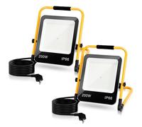Ikodm Projecteur de Chantier LED 200W, 2PCS Portable Lampe de Travail 16000LM 6000K Blanc Froid avec Support Pliable, Lampe de Chantier avec câble 3M Prise, IP66 Etanche pour Chantier