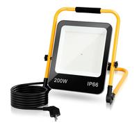 Ikodm Projecteur de Chantier LED 200W, Portable Lampe de Travail 16000LM 6000K Blanc Froid avec Support Pliable, Lampe de Chantier avec câble 3M Prise, IP66 Etanche pour Chantier