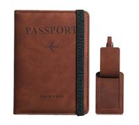 IKOPFLN 2 Pièces Porte-Passeport Housse,étui passeport + étiquette de valise,Passeport Portefeuille de Voyage pour Cartes de Crédit Cartes D'embarquement(brun)