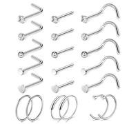IKOPFLN Lot de 21 Pièces de 20G Piercing Nez en Acier Chirurgical,L Forme Vis Percing au Nez Argent,Clicker Piercing Nez Anneaux pour Femme Homme,Piercing Helix Septum Anneau Argent Bijoux Femme