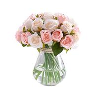 Ikosora Roses artificielles, Fausse Rose à Longue Tige Rose Champagne, 18 Fausses Roses pour Bricolage, fête de Mariage, décoration de la Maison, fête de Bienvenue pour bébé