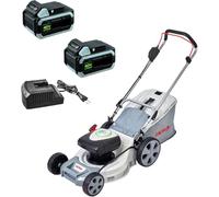 Ikra - Tondeuse à Gazon 40V + 2 Batteries Lithium 5Ah (2x2,5Ah) + Chargeur, Coupe Ø43cm, 6 Positions - Mulching Bac 50L 600 m²