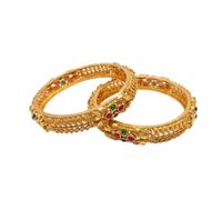 Iksava Bracelets temples plaqués or antique pour femmes et filles | Ensemble Kada traditionnel Kada rose vert | Bijoux ethniques pour mariage festif, 2.4, Laiton, Kundan
