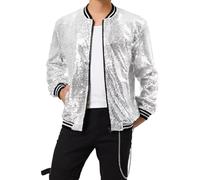 iksya Veste zippée à paillettes pour homme - Bomber léger et brillant - Costume métallique pour fête d'Halloween des années 70 et 80 (Color : Silver, Size : L)