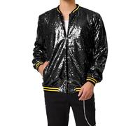 iksya Veste zippée à paillettes pour homme - Bomber léger et brillant - Costume métallique pour fête d'Halloween des années 70 et 80 (Color : Black, Size : L)