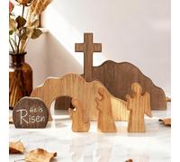 【Il est ressuscité】Scène de tombe vide Décorations de Pâques de Jésus, crèche de Nativité de Jésus avec croix en bois pour la maison, le bureau, la table, l'étagère, la cheminée - Religieux catholique