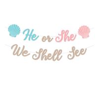 Il ou Elle Nous Coquille Voir bannière Coquille de mer révéler Le Genre décorations Plage Khaki Guirlande de l'océan pour Les Femmes sous la mer garçon ou Fille fête Fournitures de Douche pour bébé