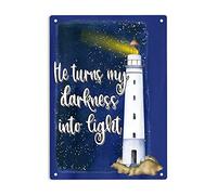 Il transforme mes ténèbres en lumière, plaque métallique avec inscription « Il transforme mes ténèbres en lumière », affiche de phare avec versets bibliques pour la maison, le bureau, les garages, le