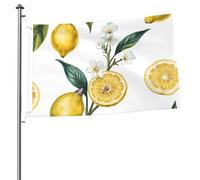 Il y a beaucoup de citrons et de fleurs. Drapeaux de 90 x 60 cm avec œillets, mâts de drapeau de jardin personnalisés.