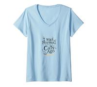 Il y a Trois Chats, j'étais Un Amoureux Amusant des Animaux T-Shirt avec Col en V, Femme, Bleu Céleste, M