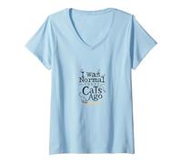 Il y a Trois Chats, j'étais Un Amoureux Amusant des Animaux T-Shirt avec Col en V, Femme, Bleu Céleste, XL