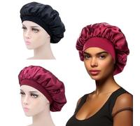 iLamvie 2 Paires Bonnet Satin Cheveux Nuit,Bonnet De Nuit Satin,Bonnet Soie Cheveux Nuit Bonnet Cheveux Nuit Pour Femmes Cheveux Longs Cheveux Bouclés(Noir+Rouge)