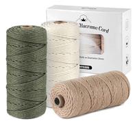 ilauke 3 Rouleau Cordon en Coton Macramé Doux,4 Brins Corde Macrame Coton 3mm*100m Fils et Cordes de Perlage,Bobine Fil Macrame pour Artisanat,Tapisserie,Décoration Boho(Beige,Vert Militaire,Marron)