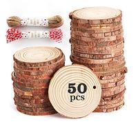ilauke 50 pcs 6-7cm Rondin de Bois Naturel avec Corde de 20 mètres, Craft Disques en Bois, Tranche de Bois, Découpe Parfaite pour Le processus de Bricolage Cadeau décoration