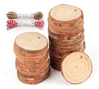 ilauke 60Pcs Bois Rond 4-5cm,Petit Rondin de Bois avec Trou et 20m Corde de Jute Naturelle,Tranches de Bois Naturel pour Décoration Arbre de Noël,Pyrogravure,Dessous de Verre Bois,Marque Place Mariage