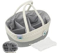 ilauke Baby Diaper Caddy avec Séparateur Amovible,42 x 28 x 16,5 cm Panier de rangement pour couches de bébé + 25 x 50cm Débarbouillettes Bébé en Mousseline,Portable Panier à Langer de Bébé(Gris)