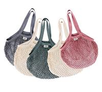 ilauke Filet Provision en Maille,5 Sacs de Courses Réutilisables en Maille de Coton avec Serrage,Cabas en Coton Tissé Portables et Lavables avec Longue Poignée pour Fruits et Légumes (4 Couleurs)