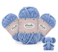 ilauke Lot de 3 pelotes de laine chenille de 100 g - Pour crochet, fil chenille bleu - Laine douce pour bébé, pour tricot d'écharpes, couvertures de bébé, peluches