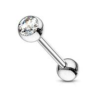 ile aux piercings Piercing langue double boule grise acier bille strass blanc brille barbell droit bouche acier chirurgical 316L