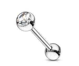 ile aux piercings Piercing langue double boule grise acier bille strass blanc brille barbell droit bouche acier chirurgical 316L