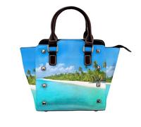 Île avec imprimé plage de sable et palmiers - Sac à bandoulière en cuir imprimé avec rivets, sangle réglable, plusieurs poches pour femme, école, bureau, voyage., Noir , Taille unique