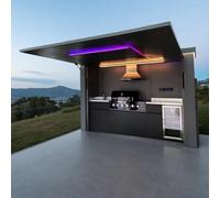 Île de barbecue de taille personnalisée, suite extérieure préfabriquée | Unités modulaires configurables, couvercle d'auvent motorisé, ensemble d'évier pré-plombé et disposition de rangement peu