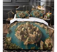 Île de la Cité Antique 3D Imprimé Housse de couette 3 pièces Microfibre entretien facile Style architectural fantastique Drap de couette 2 taies éclair caché famille invités Single（140x200cm）