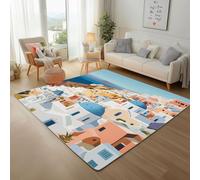 Île de Santorin, Grèce, Paysage Tapis Antidérapant 80x150cm, Poil Ras Moderne Maison de Ville Immeuble Tapis Salon Descente de Llit Adulte Carpet de Sol Doux pour Chambre à Coucher, Salle a Manger
