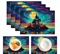 Île Fantôme Lot de Sets de Table en 4 pièces, Maison Hantée Citrouille, Tissu Lavable pour Fête, Salle à Manger et Cuisine, 30 cm x 45 cm, Bleu Sarcelle Foncé Ambre