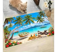 Île Tropicale Réaliste Paillasson Attrape-Poussière, Cocotiers Sur La Plage Tapis de Sol Antidérapant Lavable en Machine, 45 x 75 cm Tapis d'Entrée pour Chien Entrée Porte et Couloir - Vert Vif
