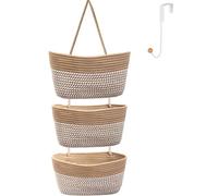 ililmmoe Panier suspendu à suspendre à 3 niveaux en corde de coton tissée - Panier de rangement mural décoratif à suspendre pour la cuisine et la salle de bain - Comprend 1 crochet de porte - Rayures