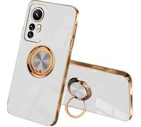 ILING Coque pour Oppo A5M / Oppo A5 5G/4G avec 360 Degrés Rotation Bague, Luxueux Galvanisé Bordure Dorée Souple TPU Silicone Antichoc Très Mince Housse Femme Étui (Blanc)