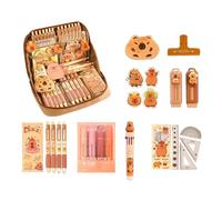 Illkjasfc Ensemble de papeterie scolaire de dessin animé 9 pièces, trousse à crayons Capybara de dessin animé, grande trousse avec gomme, stylos, règle, fournitures de rentrée scolaire pour enfants et