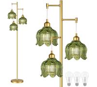 ILLMTW Lampadaire en verre pour salon, chambre à coucher, doré, lampe sur pied moderne du milieu du siècle, arbre en laiton, 3 lumières, grand lampadaire vintage rétro, abat-jour fleur verte